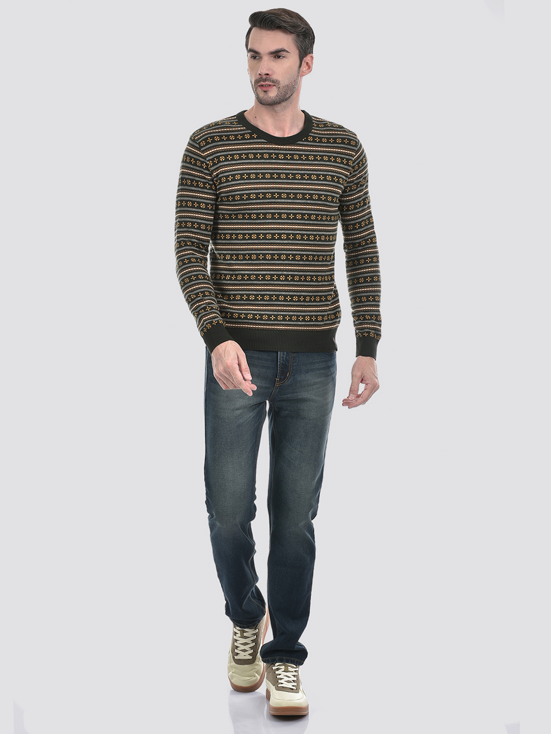 Numero Uno Men Green Striper Round Neck Flat Knitted Sweater